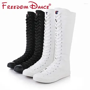 Sapatos de dança Tamanho 34-43 Classic Canvas Knee Boots High Boot Jazz Bot para Women Lace Up Side Zipper Slim Sneakers Girls Black White