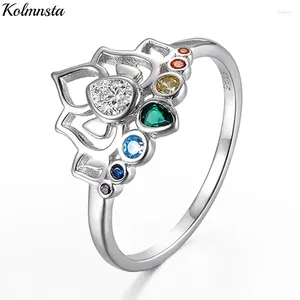Anéis de cluster Kolmnsta 925 prata esterlina para mulheres vintage flor de lótus anel arco-íris colorido zircão casamento bandas finas jóias