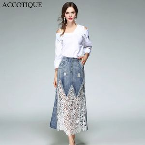 Alta qualidade primavera moda feminina fora do ombro camisa branca buraco oco rendas saia jeans 2 peças conjuntos conjunto feminino 240325