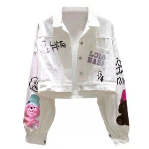 Cartoon Flocking Letter Print White Denim Jacke Frauen Frühling Herbst Short Jean Jackets Mantel Female koreanische Mode 240322