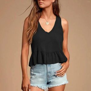 Kvinnors tankar sommar elegant ruffled hem tank tops kvinna casual ärmlös v hals väst kvinnlig mode fast semesterblus skörd topp