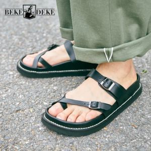 Sandals High Quality Mens New Genuine Leather Vintage Sandals EVA Thick Bottom Fashion Leather Design Cowhide Casual Sandals