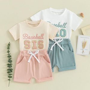 衣料品セット幼児の女の子の男の子夏の衣装野球兄弟sisレター刺繍小袖Tシャツショーツ2pc服セットキッド