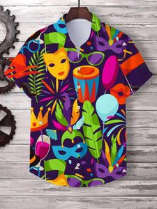 Mens Casual Shirts Shirt Mardi Gras Festlig maskgrafikknapp upp unisex semesterlApel korta ärmar karneval