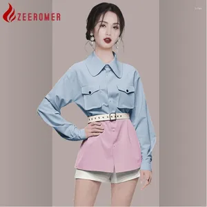 Women's Blouses 2024 Autumn Fashion Blue Pink Hit Color Long Blouse Women Lapel Sleeve Single Breasted Patchwork Chic Loose Shirt Tops