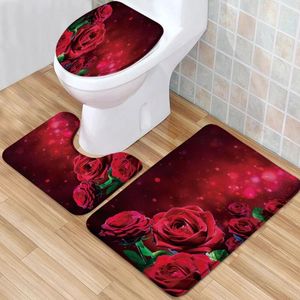 Bath Mats Red Rose Mat Set Black White Striped Valentine's Day Flower Low Pile Memory Foam Toilet Cover U-Shaped Carpet