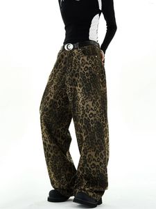Kvinnors jeans retro bred ben baggy denim byxa casual estetisk leopard tryck hög midja 2024 vår mode lösa byxor