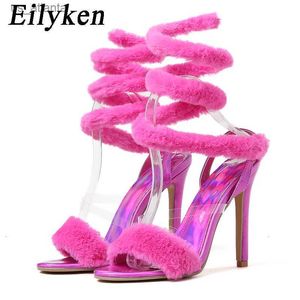 Sukienka buty Nowe przybycie kostki Faux Fur Pasek Kobiety Sandały Sexy Otwarty stóp stiletto wysokie pięta Kobiet Gladiator Rozmiar 35-42 H240403LSUJ