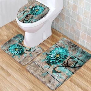 Badmattor Blommor Mat Set Teal Dahlia på Old Rustic Wood Plank Country Low Pile Flanell Rug Toalettskydd U-formad matta