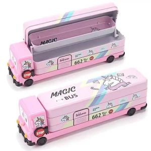 Bags 3layer Largecapacity Cartoon School Bus Pencil Case Pencil Bag With Sharpener Cartoon Stationery Box Pencil Bag School Supplies