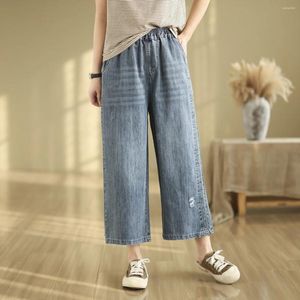 Jeans femininos Mori kei Elasti cintura rasgada de jeans calças retas de calças jovens roupas coreanas