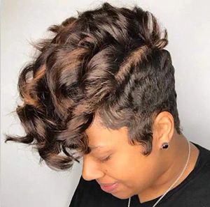 Wigs BeiSDWig Heat Resistant Synthetic Wigs for Black Women Short Pixie Cut Wigs with Curly Bangs Natural Highlight Brown Hair Style