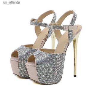 Vestido tênis liyke 2024 novo peep sexy peep toe 16 cm de salto alto de salto alto tira de pólo de dança de cristal strass de tornozelo strap feminino sandália h240403