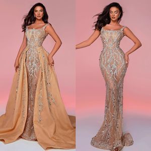 Champagner Crystal Mermaid Abendkleider elegant mit abnehmbaren Zug formelle Anlässe Abschlussball Kleider Kleider für besondere Anlässe Illusion Robe de Soiree