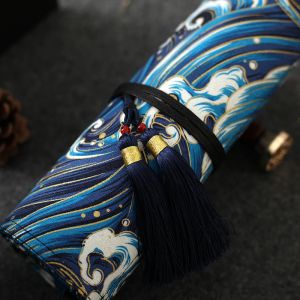 Bags 7.5 inch Antiquity Pencil Case Pen Wrap Double Tassel Ocean Wave Printing Sea Cliff Coffee Flower 4/7/10 Slots Clear Pattern