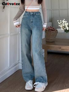 Cotvotee Blue Jeans for Women Korean Fashion Casual High Waisted Chic Vintage Mom Straight Full Length Y2k Pants 240403