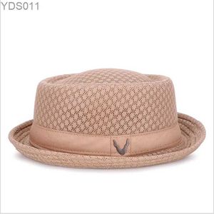 Breda brimhattar hink andas hatt England Mesh Flat Str Vintage British Jazz Folding Sun Panama Casual Party Fedora YQ240403