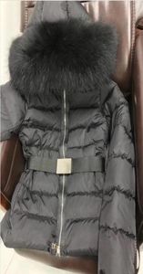 Mulheres 100 Big Real Fox Fur Hooded Down Coat grossa quente zíper duplo magro com jaqueta de cinto Parkas à prova d'água All Black9430070