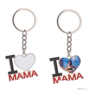 Schlüsselanhänger Lanyards Mode Sublimation leerer Schlüsselbund Designer Ich liebe Mama Papa Herz Sier Alloy Autos Schlüssel Ring Keyring Handtasche Carab DH7YQ