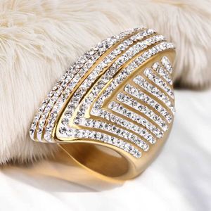 2PCS Wedding Rings Hip Hop Iced Out Bling Big Oval Ring Female Gold Color Stainless Steel Cocktail Rings For Women Party Jewelry High Quality