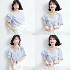 Womens Blouses Shirts Summer Korean Fashion Women Clothing Blue Color Thin Chiffon Office Lady Tops Short Sleeve Slash Neck Casual Dro Dhbw7