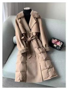 2024 new mink collar wool coat European version of autumn and winter double-sided nylon coat down long trench coat