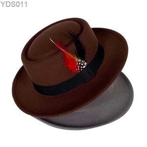 ワイドブリム帽子バケツ凸トップクラシックフェドラハットスモールフラットパール機能メンズフェルトポークパイコーヒーGorras Para Homes YQ240403