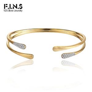 F.I.N.S Luxury Brushed Craft 925 Sterling Silver Gold Bracelet Retro Cubic Zirconia Layered Open Bangle Fashion Fine Jewelry240327