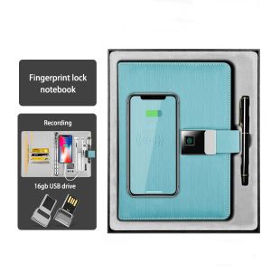 Notepads Hightech Fingerprint Lock Unlock Private Leather Notebook Loose Leaf Binding Paper Wirless Charging Notepad