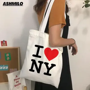 Shoppingväskor jag älskar ny tryckt kawaii väska hajuku duk shoppare tjej handväska tote axel lady bolsas de tela