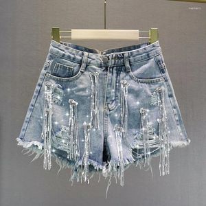 Kvinnors jeans blingbling hole paljetter tofs wide ben shorts 2024 sommar all-match hög midja lös a-line denim casual