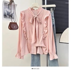 Kvinnor Bluses Korean Chic Spring Summer Women Topps Vintage Elegant Single Breasted snörning Bow Chiffon Shirts Ol Ruffles Blusas Mujer