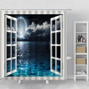 Duschvorhänge Ozean Mond Fenster Landschaft Meerwasser Reflexion Mondlicht Wellen Vorhang für Badezimmer Haus Badewanne Dekor Stoff