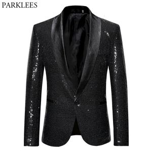 Black Sequin One Button Shawl Collar Suit Jacket Men Bling Glitter Nightclub Prom DJ Blazer Jacket Men Stage Clothes for Singers 240329
