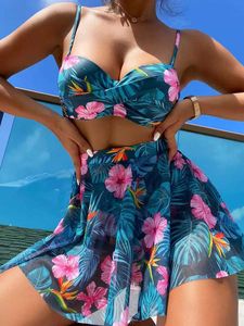 Biquíni floral de roupas de banho feminina de moda feminina de três peças de maiô feminino Push up