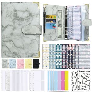 Leveranser 29 st/set Marble A6 Budgetbindemedel 6 Ring PU Leather Budget Planner med kontant kuvert Etikettklistermärken pengar arrangörer