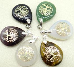 Charms 2020 Hot Sale Natural Stone Quartz Crystal Tiger Eye Water Droplets Tree of Life Pendant For DIY Jewelry Making Necklace 6pcs