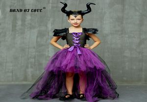 Maleficent Evil Queen Girls Tutu Dress and Horns Halloween Cosplay Witch Costume For Kids Party Dress Children Christmas Clothes T3556123