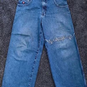 Kvinnors jeans streetwear jnco y2k retro hip hop broderade blå baggy byxor män kvinnor gotiska höga midja breda benbyxor