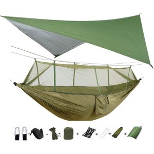 Skyddsbar bärbar campinghammmatta med myggnät eller vattentät regnflugtält tarp dubbel utomhus lättvikt nylon hängmatta