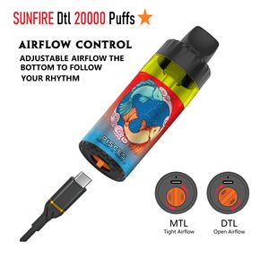 Autentyczny Sunfire 20000 Puffs Do jednorazowy Vape siatka 0,6OHM ciężki przepływ powietrza dymu Regulowany Vape DTL SHISHA 15000 15K 20K 20K PUMPS HOAKAH PEN UE UK Popularny