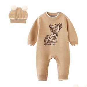 Rompers Luxury Designer Newborn Clothes Winter Warm Wool Knitted Bodysuit Baby Boys Jumpsuit Toddler Infant Hat 2Pcs Drop Delivery Kid Otzi8