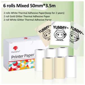 Szczotki 6 Rolls Phomemo White/Gold/Glitter Selfheadive Thermal Paper Naklejka 50 mm*3,5 m dla M02/M02S/M02Pro Mini -Mini Drukarka