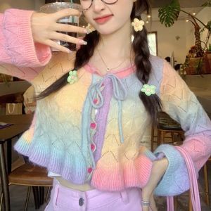 Harajuku Y2K Rainbow Sticked Cardigan Women Kawaii Lace-up Hplloow Out Ruffle Flare Långärmad tröja Päls Casual Knitwear Top 240320