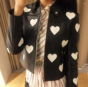 Women039s Leather Women039S FAUX 2022 Spring Autumn Women Women White Hearts Bloco de cores Bloco Real Jackets Real Zipper Coat 1746537