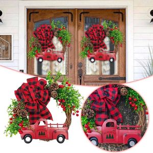 Flores decorativas 2024 Christmas Red Truck Wreath Three Bow Decorações da porta pendurada Copo de janela