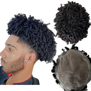 Brazilian Virgin Human Hair Replacement #1b Natural Black 15mm Curl Full Silk With PU Perimeter Toupee 8x10 Male Unit for Black Men