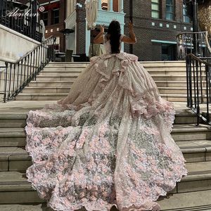 Luxurious Bling Sequined Lace Sweetheart Ball Gown Quinceanera Dresses Beading 3D-Appliques Flowers Prom Evening Party Pageant Birthday Gowns With Bow