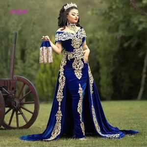 Lism Moroccan Caftan Fevid Dresses Gold Lace Severiques Cap Sleeve Royal Blue Mermaid Velvet Abort Prom Virt Press Party 240401