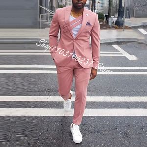 Pink Casual Slim Fit Men Suits Lapel 2 Piece Wedding Groom Tuxedos Jacket Pants Set Male Business Terno Masculino Blazer 240326